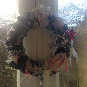 feather and fabric wreath
