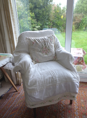 Armchair with Cream Cover and Flower Border Trim